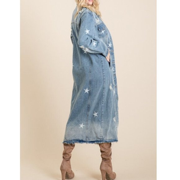 Star Distressed Long Maxi Denim Jean Jacket Coat - Picture 9 of 9